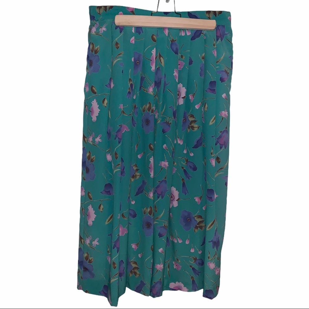 Vintage 90s Teal Green Purple Floral Pleated Maxi Skirt Gina Peters